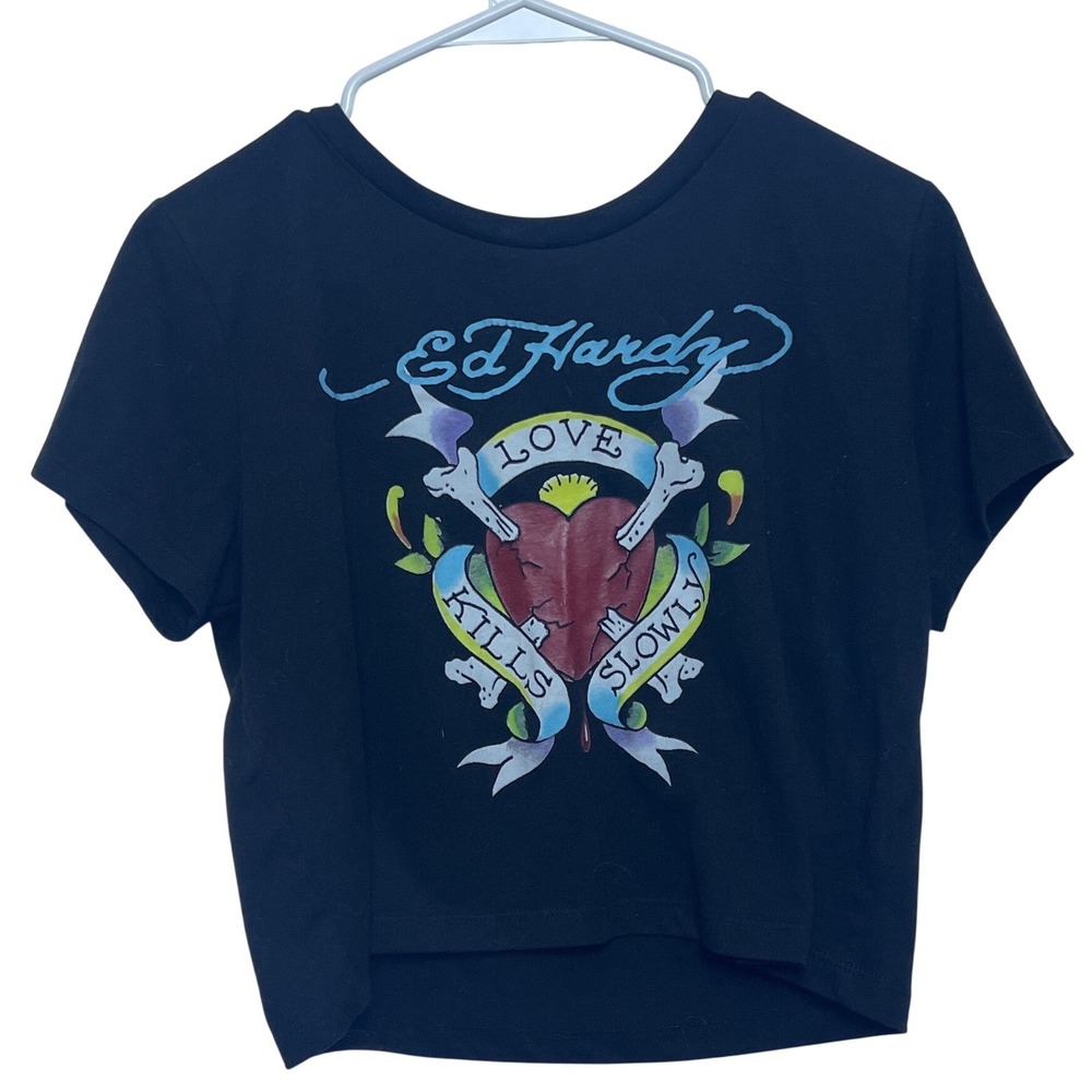 Ed Hardy Love Kills Slowly Black Crop Top Graphic Tee XL Edgy Rocker‎ Retro Y2K
